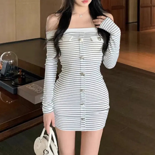[BUNJANG] Off-Shoulder Stripe Mini Dress / 오프숄더 스트라이프 미니원피스
