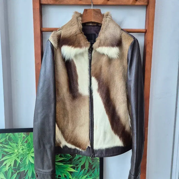 [BUNJANG] Mix Fur Lambskin Colorblock Jacket Brown / (JPN VTG)믹스퍼 양가죽 배색 자켓 브라운