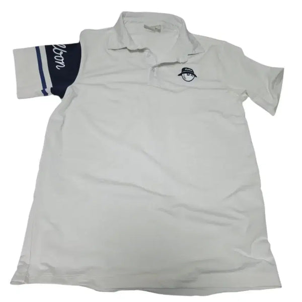 [BUNJANG] Malbon Golf Color-Block Bucket Hat Logo Short-Sleeve Polo Shirt (M) / 말본골프 화이트 네이비 배색 버킷햇볼 로고 반팔 카라티 M