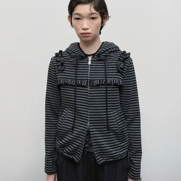 [BUNJANG] Typeservice Ruffled Stripe Zip Hoodie Black / 새상품)타입서비스 Ruffled Stripe Zip Hoodie 블랙 러플드 스트라이프 후드집업