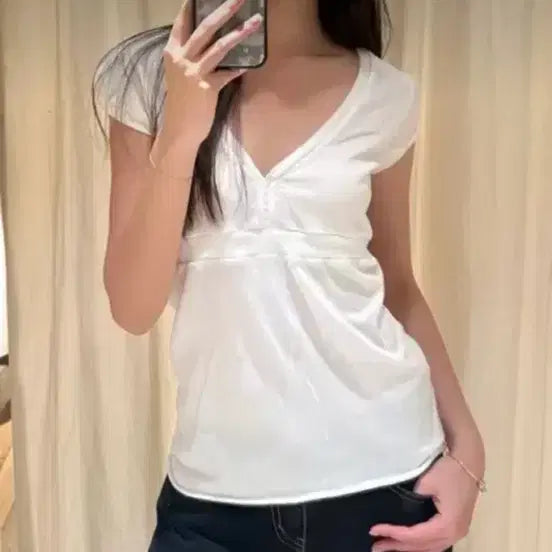[BUNJANG] Basic Short Sleeve V-Neck Blouse - Brown / 기본 반팔 브이넥 티 브라운