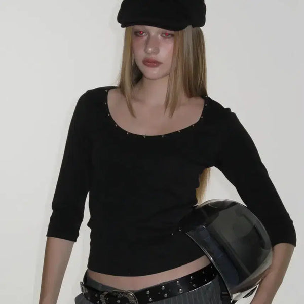 [BUNJANG] Crank U-Neck Top Black / 크랭크 유넥 탑 블랙