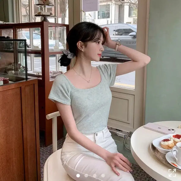 [BUNJANG] Attirance Square Neck Short Sleeve Knit Mint / 아뜨랑스 스퀘어넥 반팔 니트 민트