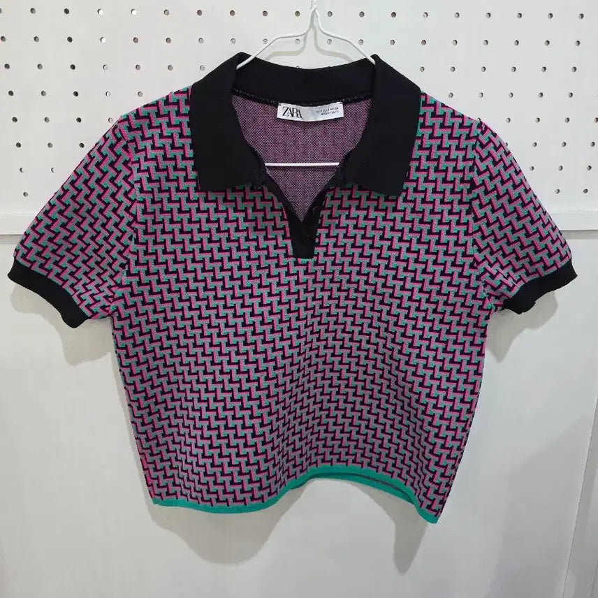 [BUNJANG] Zara Patterned Short Sleeve Collar Knit / ZARA 패턴 반팔 카라 니트