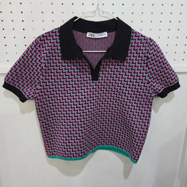 [BUNJANG] Zara Patterned Short Sleeve Collar Knit / ZARA 패턴 반팔 카라 니트