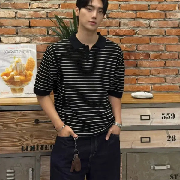 [BUNJANG] Stripe Thierry Half Knit Black XL / 스트라이프 티에리 하프 니트 블랙 XL