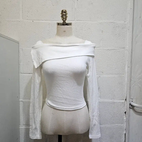 [BUNJANG] Off-the-Shoulder Cropped Long-Sleeve Top - White / 오프숄더 크롭 무지 긴팔- 화이트
