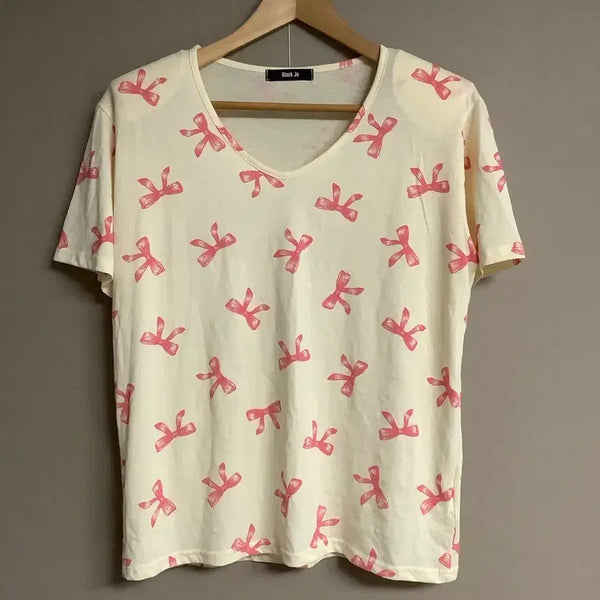 [BUNJANG] Ribbon Pattern Short Sleeve T-Shirt - Ivory / 리본 패턴 반팔 티셔츠 아이보리