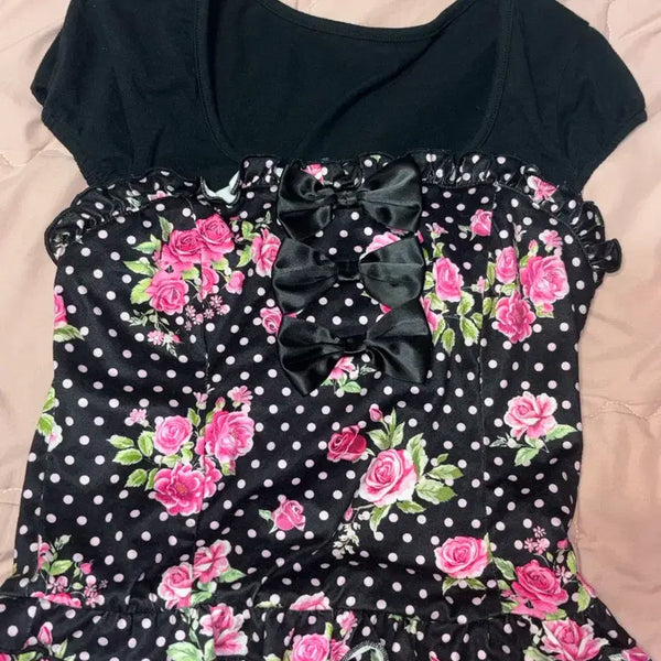 [BUNJANG] Rose Ribbon Short Sleeve Tee / 오네갸루 히메갸루 히메카지 장미 리본 반팔티 나시