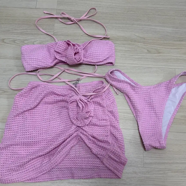 [BUNJANG] Pink Knit Bikini 3-Piece Set / 핑크색 니트 비키니 3종 세트