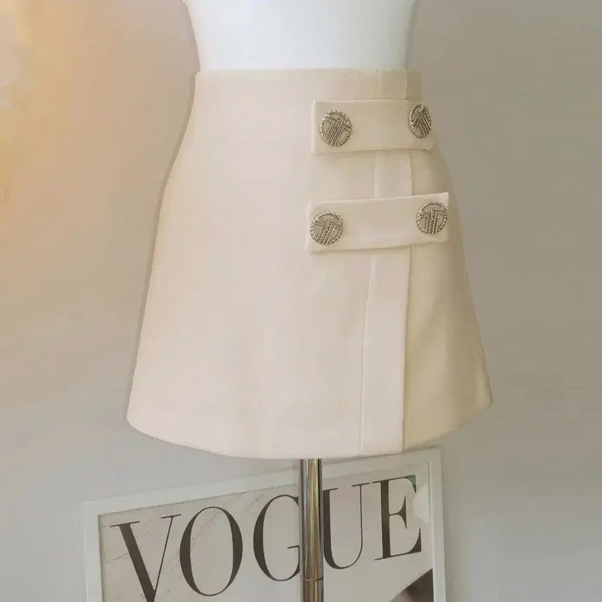 [BUNJANG] LB Four-Button Mini Skirt Yellow-Beige S / 수입의류 샵탑 포버튼 단추 미니스커트
