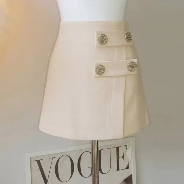 [BUNJANG] LB Four-Button Mini Skirt Yellow-Beige S / 수입의류 샵탑 포버튼 단추 미니스커트