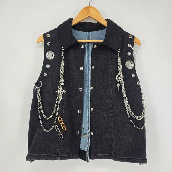 [BUNJANG] Unique Punk Reworked Denim Chain Vest / 유니크 펑크 리워크 데님 체인 베스트
