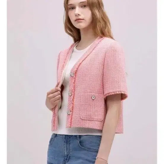 [BUNJANG] Thursday Island Tweed V-Neck Cropped Jacket / 써스데이아일랜드 트위드브이넥크롭자켓