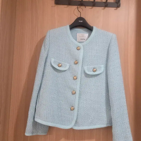 [BUNJANG] Light Blue Tweed Jacket with Gold Button Detail / 트위드 자켓 라이트 블루