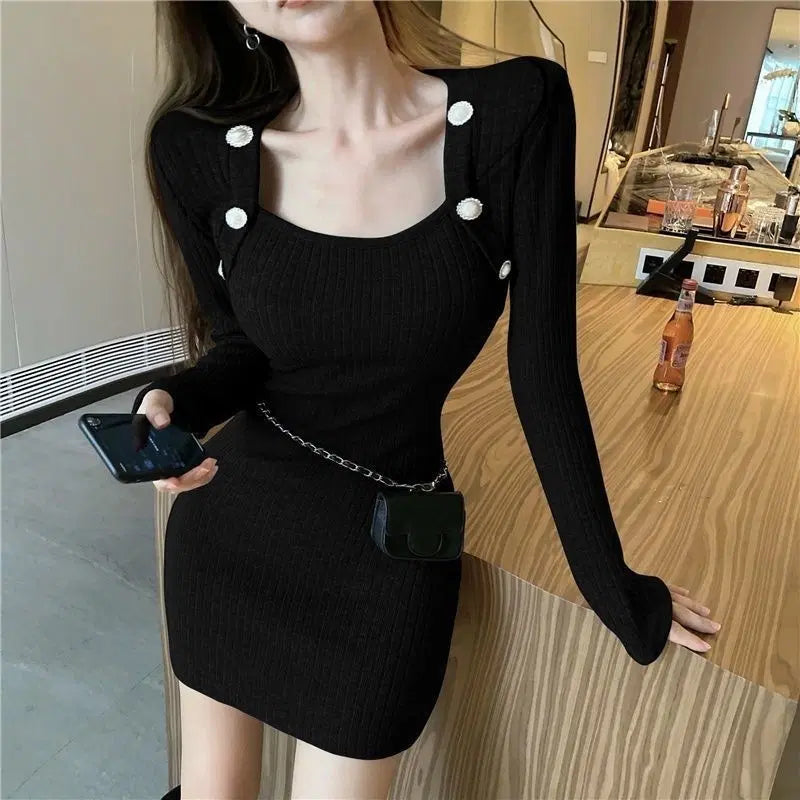 [BUNJANG] Black Square Neck Button Knit Dress / 블랙 스퀘어넥 버튼 원피스