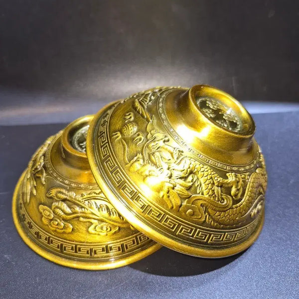 [BUNJANG] Pair of Brass Cups with Dragon and Phoenix Motif / 용봉문 황동잔 두점