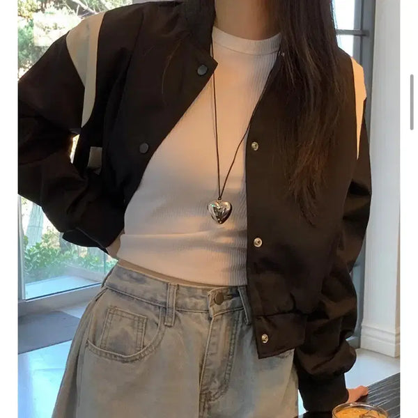 [BUNJANG] Color-Blocked Baseball Jacket Varsity Black / 배색 야구점퍼 바시티 블랙