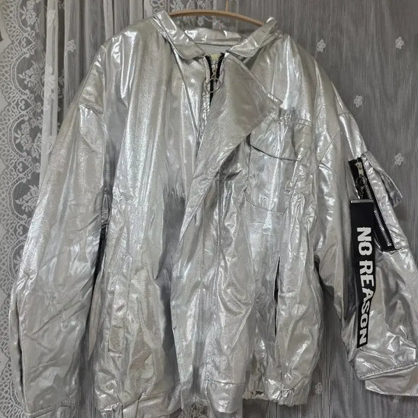 [BUNJANG] Vintage Japanese Silver Metallic Hooded Zip-Up Jacket / 일본빈티지 실버 메탈릭 후드 집업 자켓 NO REASON