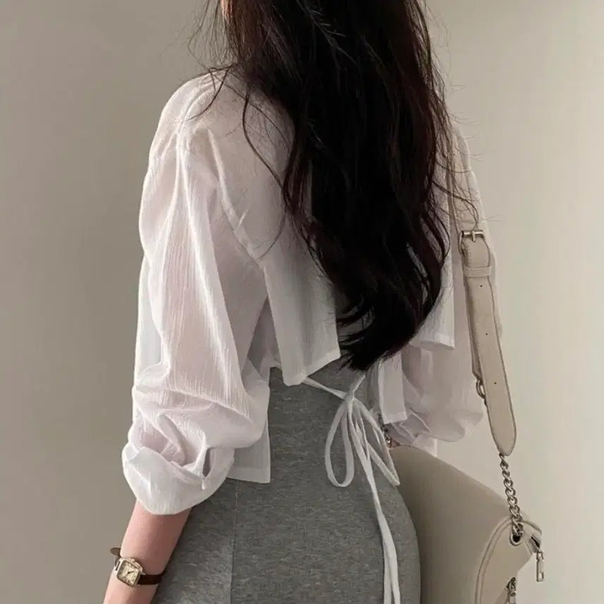 [BUNJANG] Women's White Cropped Blouse Shirt / 새제품 여성 화이트 크롭 블라우스 셔츠