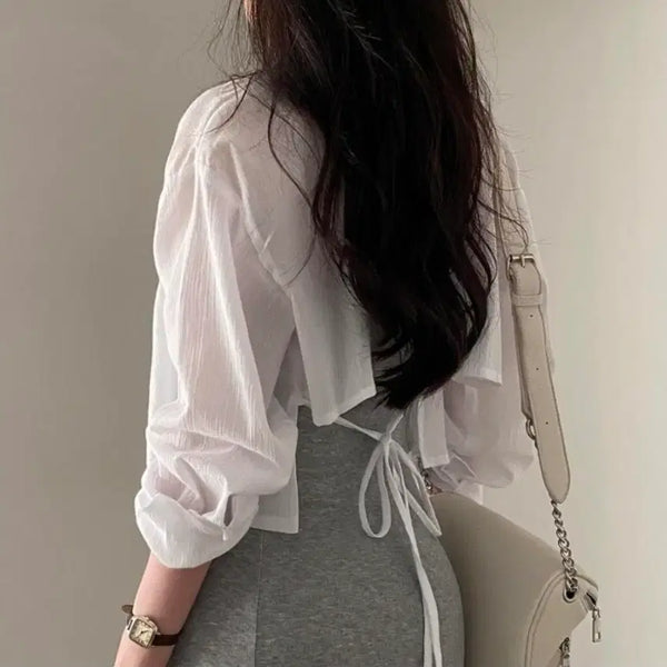 [BUNJANG] Women's White Cropped Blouse Shirt / 새제품 여성 화이트 크롭 블라우스 셔츠