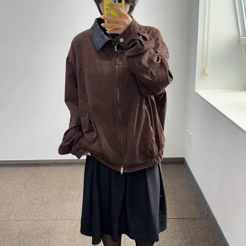 [BUNJANG] Goat Leather Collar Brown Suede Jacket / Goat 고트 레더 카라 브라운 스웨이드 자켓