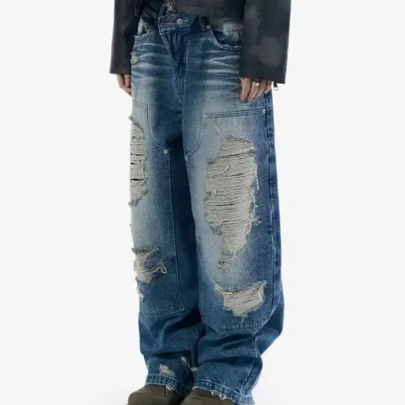 [BUNJANG] AKAM Destroyed Double Knee Denim Pants (Blue) / 아캄 Destroyed Double Knee Denim Pants (Blue)