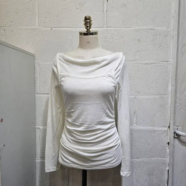 [BUNJANG] Long Sleeve Layered Ruched Blouse - White / 허리라인 레이어드 앞루즈핏 옆셔링 가벼운 롱 긴팔-화이트