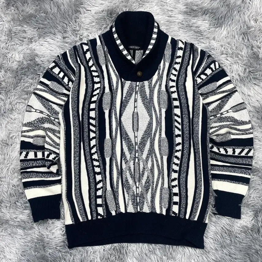[BUNJANG] 90s CHOVERT Archive Cable Pattern Shawl Collar Knit Sweater / 90s CHOVERT 아카이브 케이블 패턴 숄카라 니트 스웨터 5757