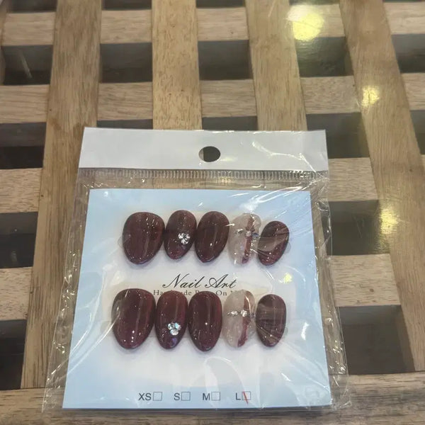 [BUNJANG] Handmade Burgundy Marble Crystal Nail Tips - Size L / 수제네일팁 L