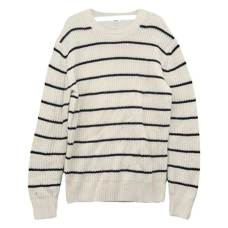 [BUNJANG] Uniqlo Striped Acrylic Basic Round Knit L / 유니클로 크림 스트라이프 아크릴 베이직 라운드 니트 L
