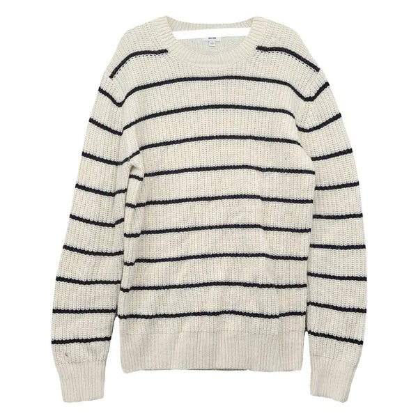 [BUNJANG] Uniqlo Striped Acrylic Basic Round Knit L / 유니클로 크림 스트라이프 아크릴 베이직 라운드 니트 L