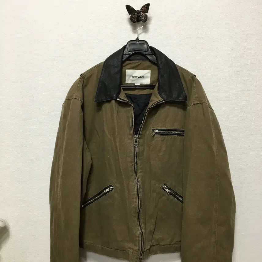 [BUNJANG] TonyWack Leather Collar Work Jacket Olive Beige / 토니웩 레더카라 워크자켓 올리브베이지