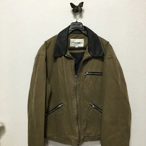 [BUNJANG] TonyWack Leather Collar Work Jacket Olive Beige / 토니웩 레더카라 워크자켓 올리브베이지