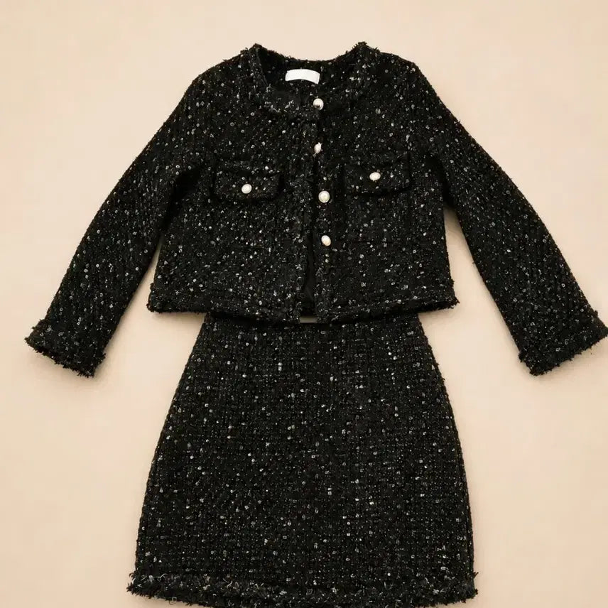 [BUNJANG] Black Tweed Jacket + Skirt Set / 블랙 트위드 자켓 + 스커트 셋업 (상하 2종 세트)
