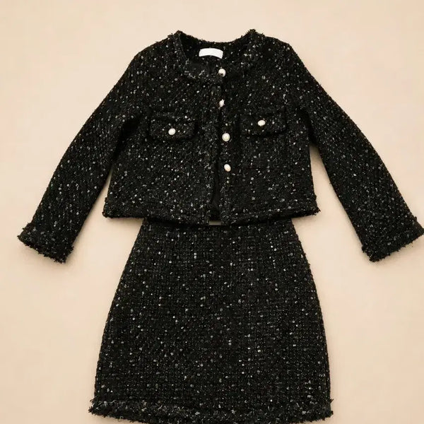 [BUNJANG] Black Tweed Jacket + Skirt Set / 블랙 트위드 자켓 + 스커트 셋업 (상하 2종 세트)