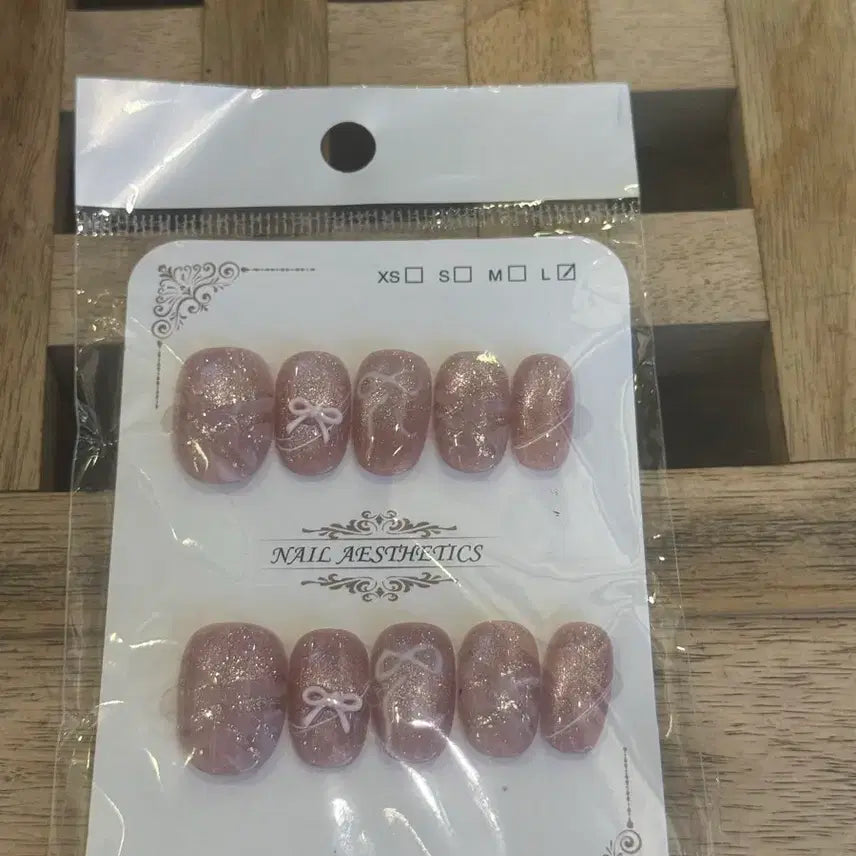 [BUNJANG] Handmade Pink Glitter Ribbon Nail Tips - Size L / 수제네일팁 L