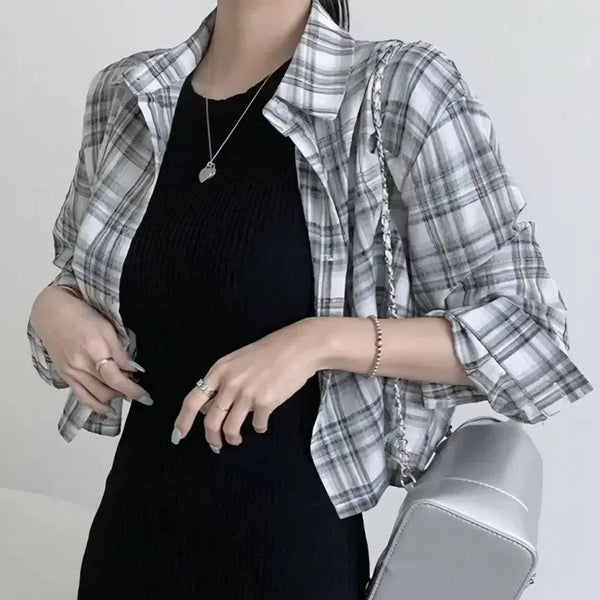 [BUNJANG] White Check Crop Shirt / 화이트 체크 크롭 셔츠 새상품