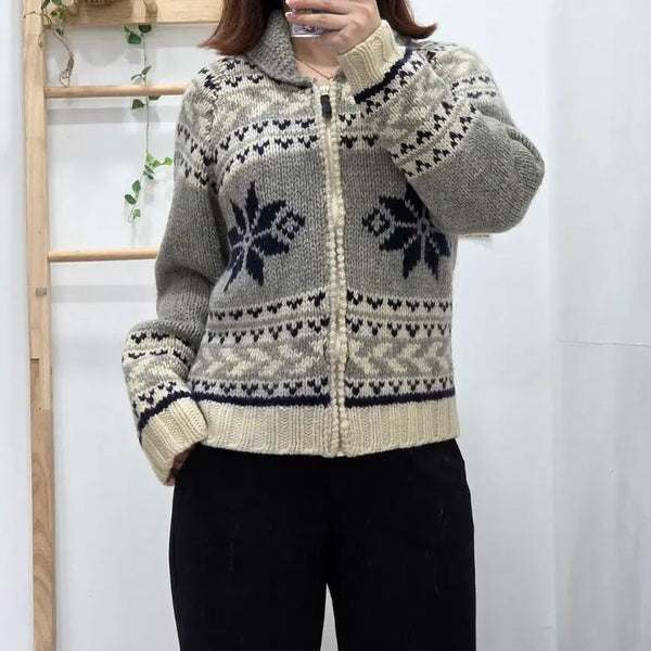 [BUNJANG] Nordic Pattern Shawl Collar Thick Knit Zip-Up Cardigan / [F]노르딕 패턴 숄카라 도톰한 니트 집업 가디건