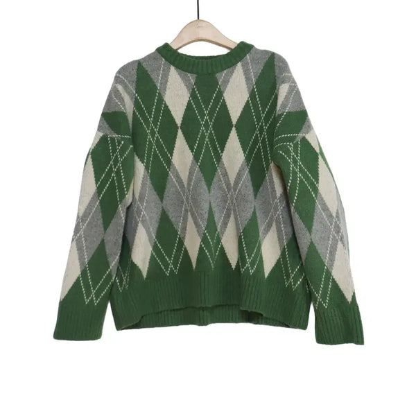[BUNJANG] Argyle Pattern Round Neck Oversized Knit Sweater / 그린 아가일 패턴 라운드넥 오버핏 니트 스웨터 FREE