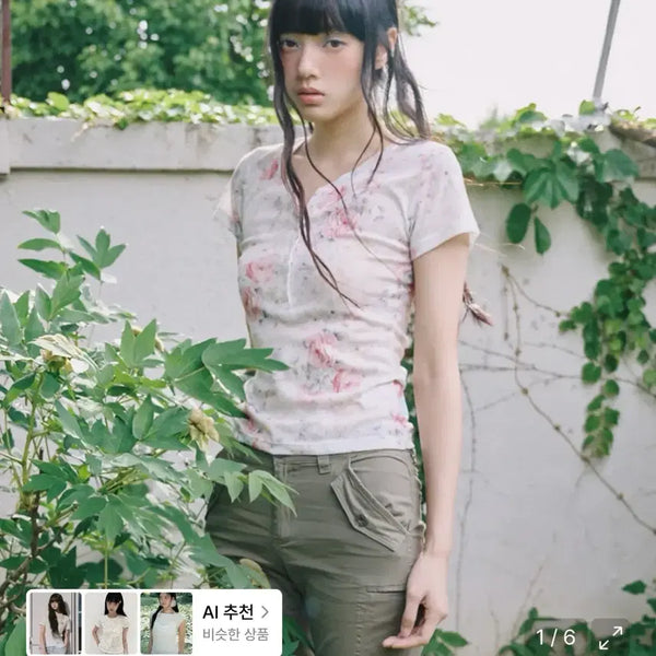 [BUNJANG] Mireco Flower Button T-Shirt Ivory / 미레코 반팔 플라워 티 FLOWER BUTTON T IVORY