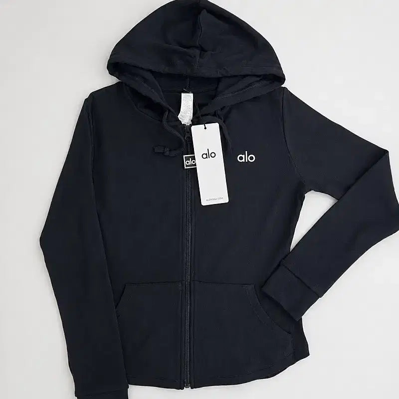 [BUNJANG] ALO Ribbed Hooded Zip-up Black / [새상품] 알로 골지 후드집업 블랙 S, M, L