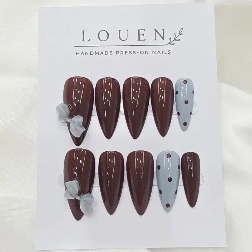 [BUNJANG] Ruen Handmade Press-On Nails - Deep Brown Dot Ribbon / 루엔 핸드메이드 붙이는 네일 딥브라운 도트 리본