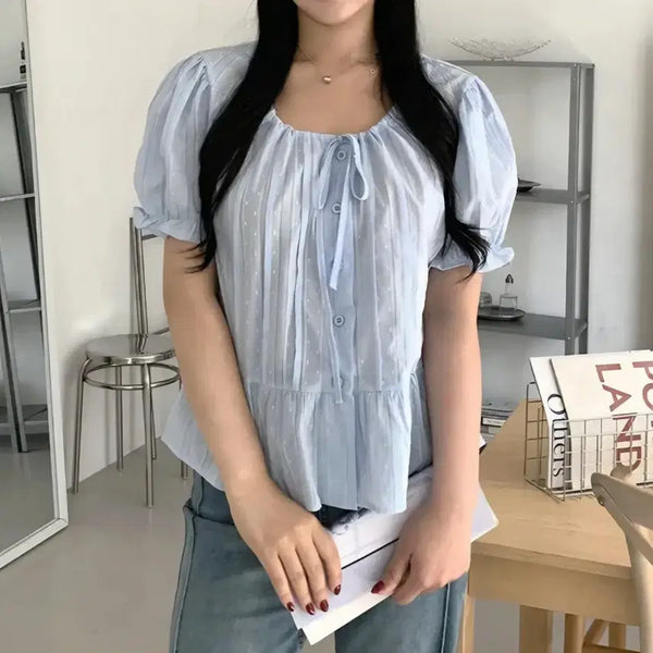 [BUNJANG] Sky Blue Ribbon Frill Blouse / 스카이블루 리본 프릴 블라우스