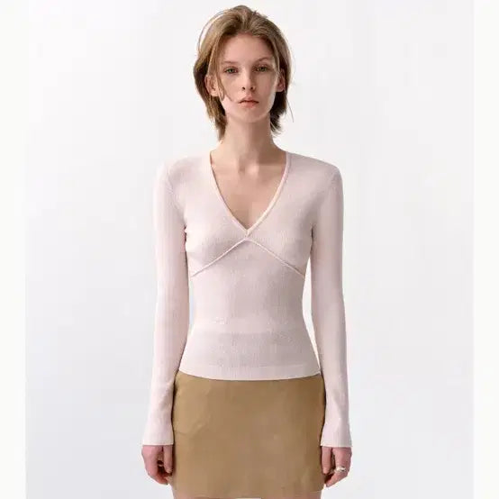 [BUNJANG] AvieMoi Deep V-Neck Knit Light Pink / 아비에무아 딥 브이넥 니트 라이트 핑크 새상품