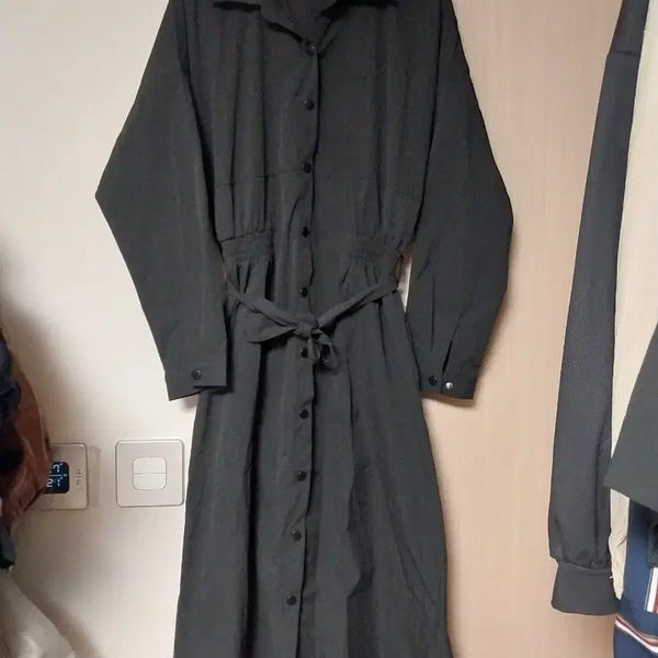 [BUNJANG] Black Long Shirt Dress / 바스락 카라 롱 원피스 검정 66날씬77