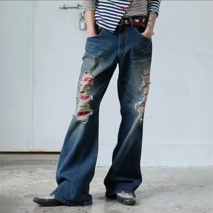 [BUNJANG] Heretic Destroyed Check Bootcut Denim Pants - Dark Blue / 헤레틱 체크 부츠컷 데님 DESTROYED CHECK BOOTCUT DENIM PANTS / dark blue