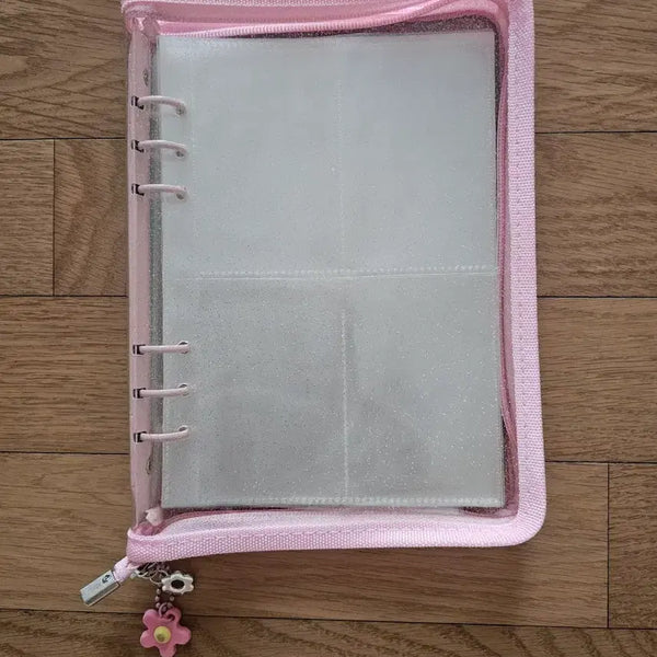 [BUNJANG] Pink Translucent Glitter Photocard Binder A5 6-Ring / 핑크 투명 글리터 포카 지퍼 바인더