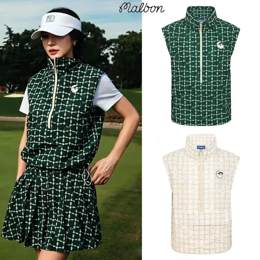 [BUNJANG] Malbon Women's Golf Vest Set - Green/Ivory / 말본 여성 골프 베스트 그린 / 아이보리 세트