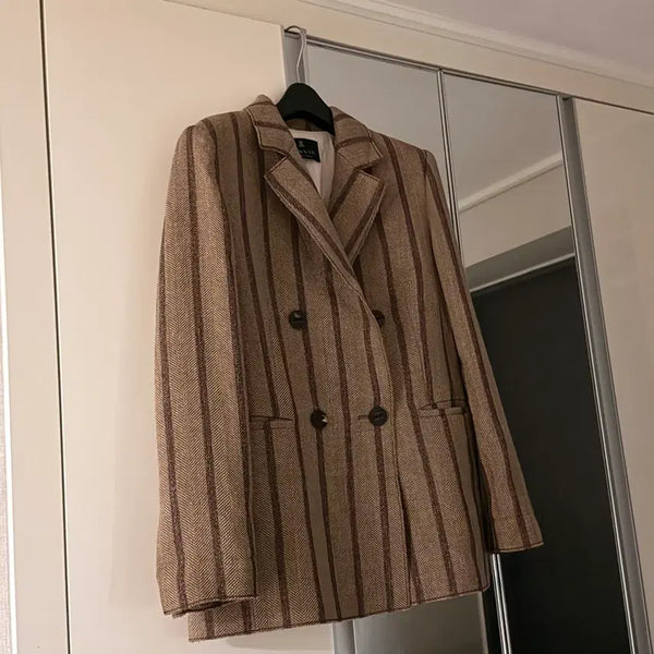 [BUNJANG] LANVIN Collection Wool Linen Herringbone Stripe Double-Breasted Jacket Camel Brown / 한섬 랑방컬렉션 LANVIN 94.5만 울 린넨 헤링본 스트라이프 더블 브레스티드 자켓 올드머니룩 오피스룩 출근룩 카멜 브라운
